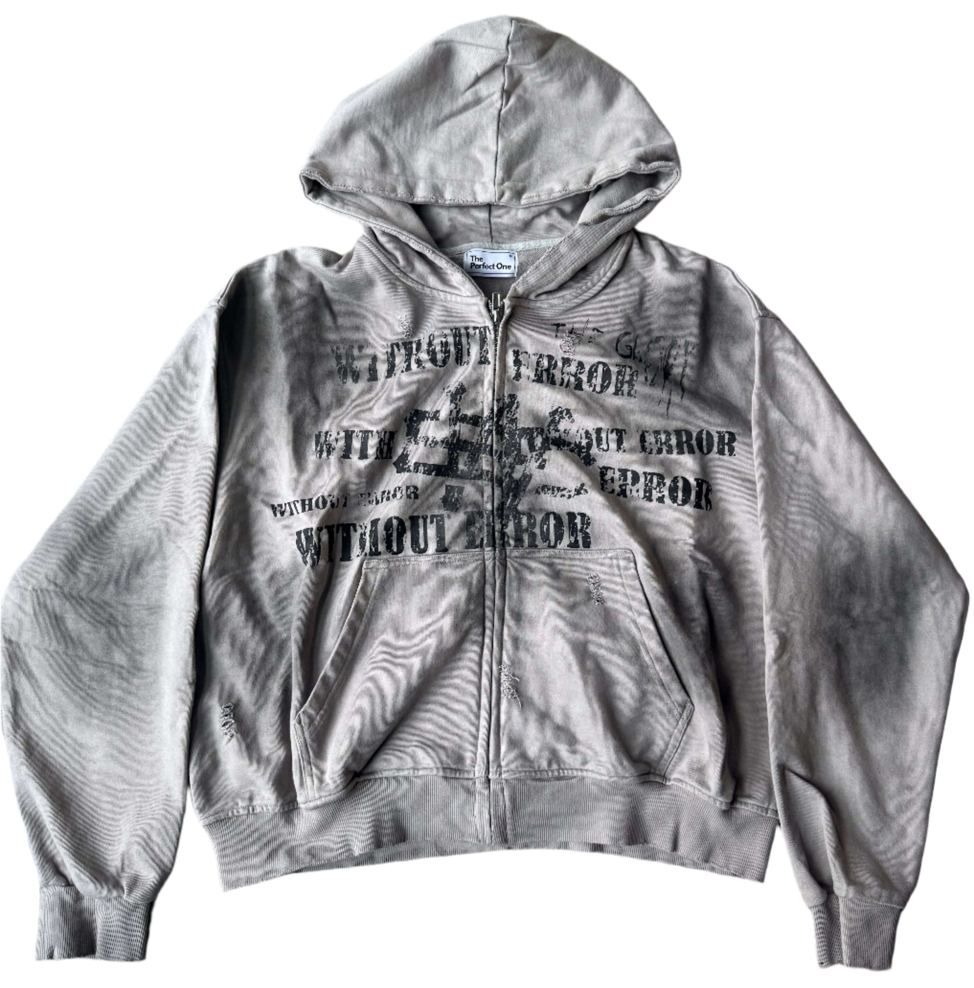 Perfect One Jacket featuring bold "Without Error" graphic design and distressed finish for a rugged, vintage look.