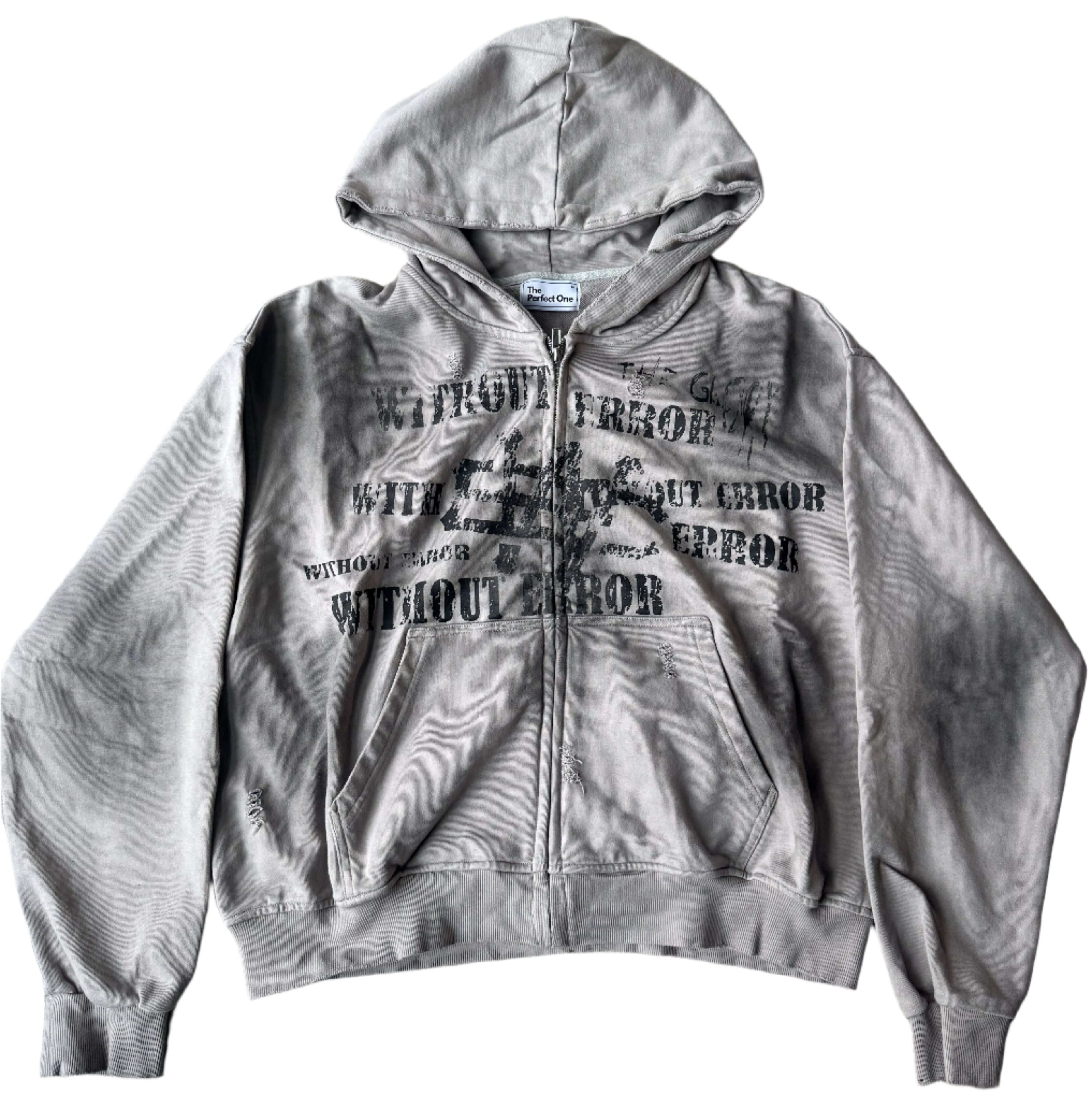 Perfect One Jacket featuring bold "Without Error" graphic design and distressed finish for a rugged, vintage look.