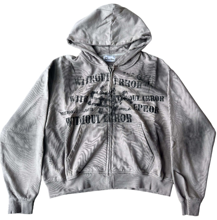 Perfect One Jacket featuring bold "Without Error" graphic design and distressed finish for a rugged, vintage look.