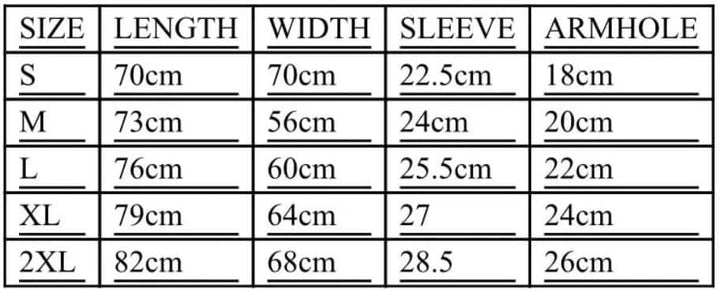 Size chart for Perfect One Jacket: measurements for S, M, L, XL, and 2XL in length, width, sleeve, and armhole.
